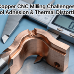 CNC machine processing copper alloy part, showing tool adhesion on cutter and thermal distortion in workpiece, with caliper measuring dimensional inaccuracies.