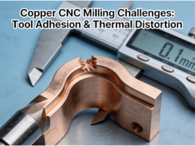 CNC machine processing copper alloy part, showing tool adhesion on cutter and thermal distortion in workpiece, with caliper measuring dimensional inaccuracies.