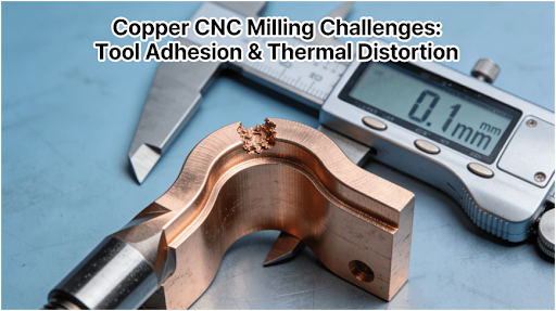 CNC machine processing copper alloy part, showing tool adhesion on cutter and thermal distortion in workpiece, with caliper measuring dimensional inaccuracies.