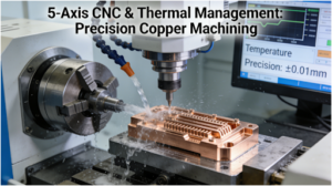 5-axis CNC machine precision milling a complex copper component with high-pressure coolant system, ensuring tight tolerances within ±0.01mm.
