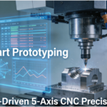 5-axis CNC machining center integrated with AI analytics for high-precision rapid prototyping, showing real-time data monitoring and robotic automation.