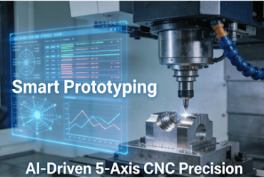 5-axis CNC machining center integrated with AI analytics for high-precision rapid prototyping, showing real-time data monitoring and robotic automation.