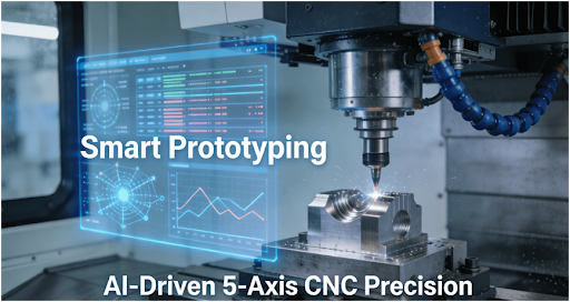 5-axis CNC machining center integrated with AI analytics for high-precision rapid prototyping, showing real-time data monitoring and robotic automation.