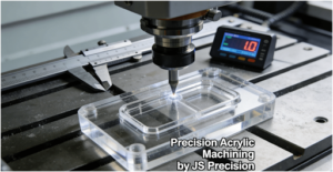 Close-up of CNC machining for custom acrylic parts, highlighting toolpath optimization and surface finish quality to prevent stress cracking.