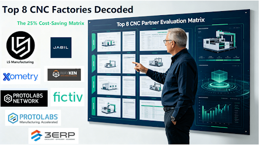 In a state-of-the-art command center, a leading OEM executive is conducting an in-depth analysis of a strategic assessment matrix; this matrix benchmarks eight top-tier CNC machining facilities across key dimensions such as automation, networking capabilities, engineering expertise, and certifications.