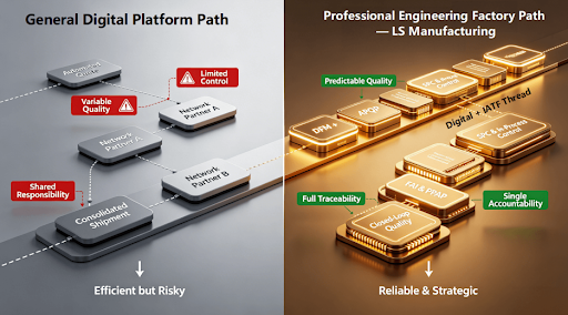Infographic flowchart contrasting the variable-quality, multi-responsibility workflow of a generic digital CNC platform (left) with the predictable, traceable, and single-accountability closed-loop process of a specialized engineering factory like LS that applies IATF 16949 standards (right), as detailed in the comparative analysis.