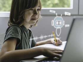 A child at a light wood desk studying a small 3D-printed toy they are deciding how to change, a tablet pushed slightly aside, a sketch notebook nearby, and a clear empty desktop space for the product.
