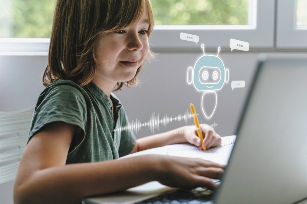 A child at a light wood desk studying a small 3D-printed toy they are deciding how to change, a tablet pushed slightly aside, a sketch notebook nearby, and a clear empty desktop space for the product.