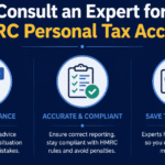 Professional infographic titled “Consult an Expert for HMRC Personal Tax Account” featuring three benefits: expert guidance, accurate tax compliance, and time-saving tax management on a navy blue background.