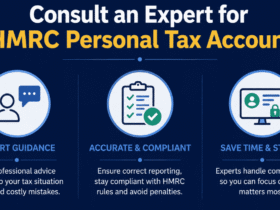 Professional infographic titled “Consult an Expert for HMRC Personal Tax Account” featuring three benefits: expert guidance, accurate tax compliance, and time-saving tax management on a navy blue background.