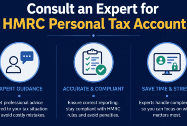 Professional infographic titled “Consult an Expert for HMRC Personal Tax Account” featuring three benefits: expert guidance, accurate tax compliance, and time-saving tax management on a navy blue background.