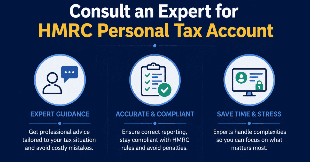 Professional infographic titled “Consult an Expert for HMRC Personal Tax Account” featuring three benefits: expert guidance, accurate tax compliance, and time-saving tax management on a navy blue background.